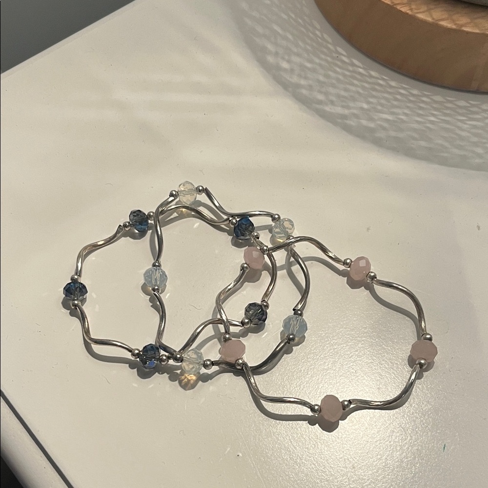 Elegant Silver and Pink Beaded Bracelet Set